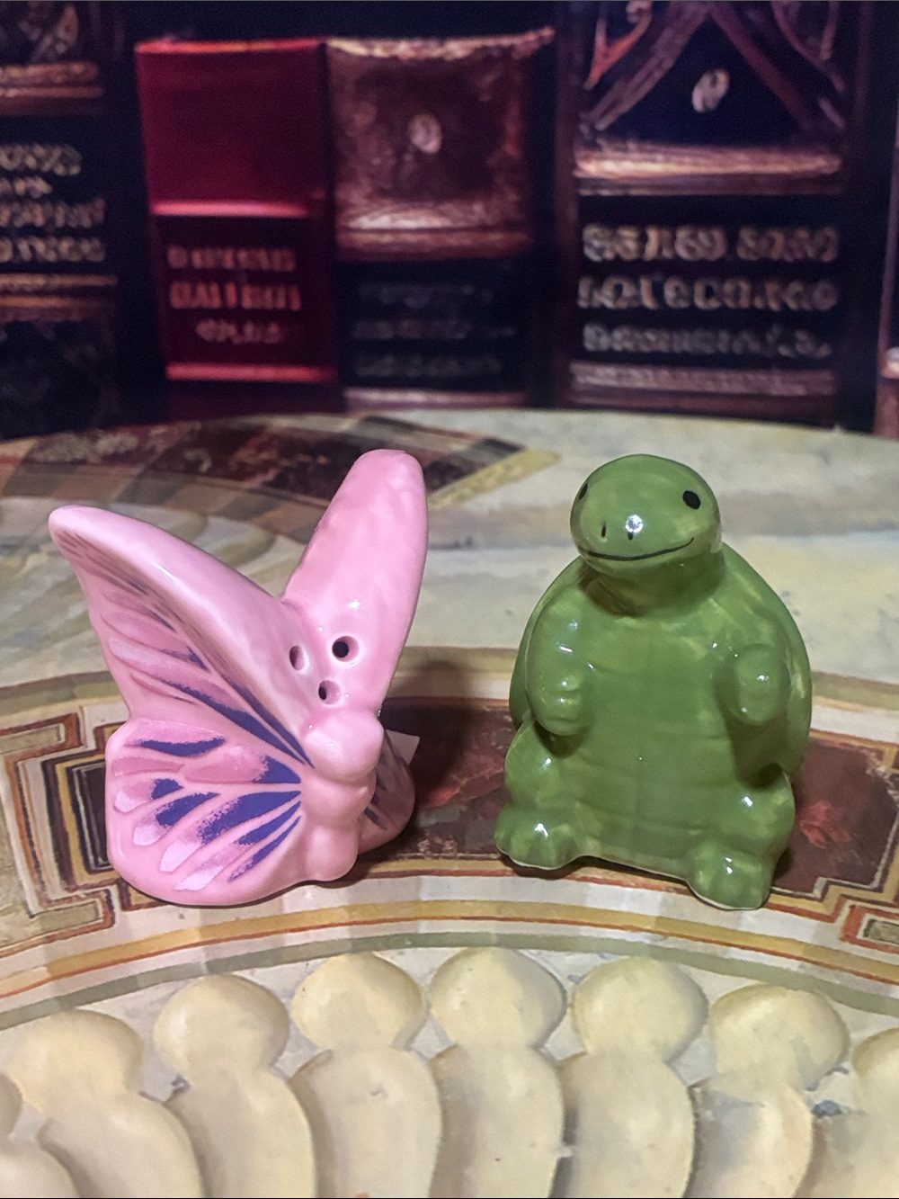 Pink Butterfly and Green Turtle Ceramic Salt & Pepper Shaker Set